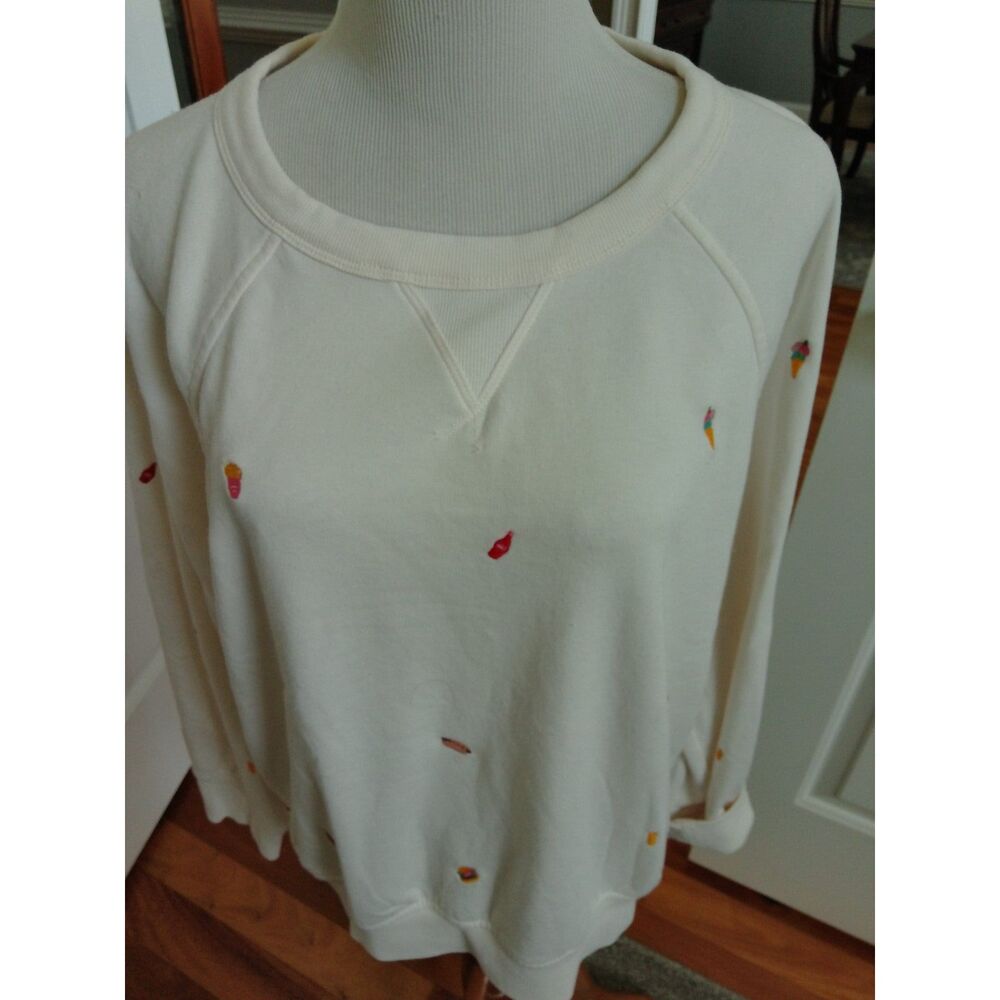 CUTE  Lou & Grey Cream Sweatshirt With Embroidered Hot Dogs & Ice Cream Size LG